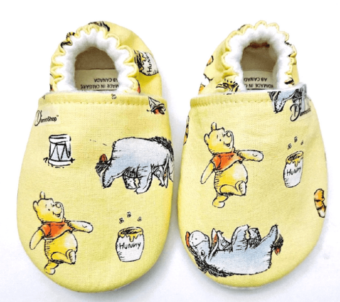 Baby and kid's slippers made with licensed Winnie the Pooh, Tigger, Eeyore fabric